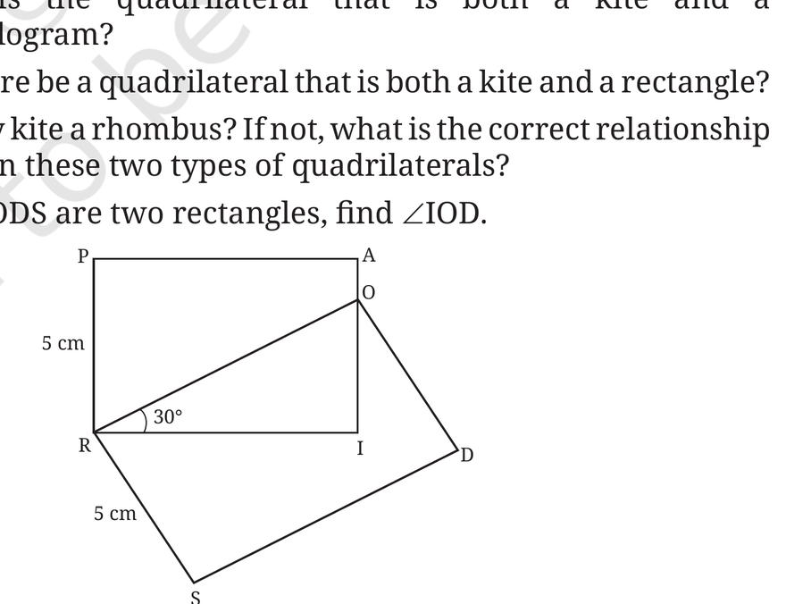 If PAIR and RODS are two rectangles, find $\angle IOD$