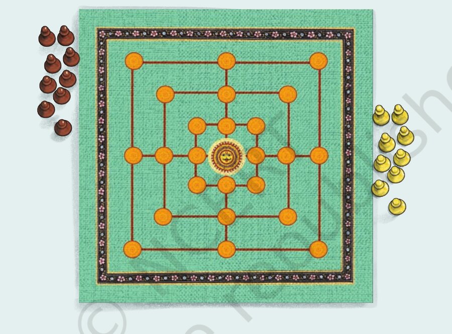 Navakankari board with brown and yellow pawns