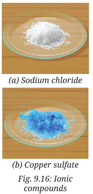 Fig. 9.16: Ionic compounds — sodium chloride and copper sulfate